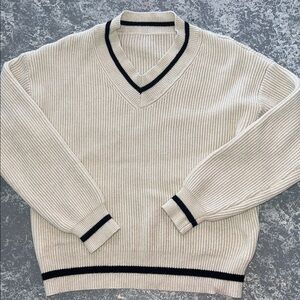 Women's Cream V-Neck Sweater with Black Trim